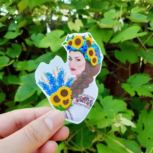 Autocollant Vinyl d'une femme avec une couronne de fleurs, Autocollant Floral, Bouquet avec des tournesoles, avoines, fleurs bleues + jaunes