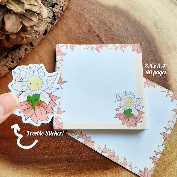 Daisy with Flower Petals! 40 Page, 3.4 x 3.4 " Memo Pad with Free Laminated Vinyl Sticker! Cute Happy Floral Character. Pastel Pinks.