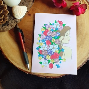 Femme florale, carte vierge ; Enveloppe incluse. Individuel ou paquet de 4 disponible ! uvres d'art originales. Fabriqué à la main. Journée de la femme. Art féminin.
