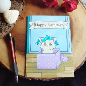 Cat Caught in Present with Bow on his Head Card, Blank Inside, More Options, Order a Pack and Save! Original Drawings for Greeting Card!