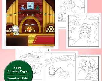 Könnte beinhalten: Ein digitaler Download von 5 PDF-Malvorlagen mit einem Cartoon-Pinguin in verschiedenen Szenen. Eine Szene zeigt einen Pinguin am Kamin. Die Seiten sind Schwarz-Weiß-Strichzeichnungen zum Ausmalen.