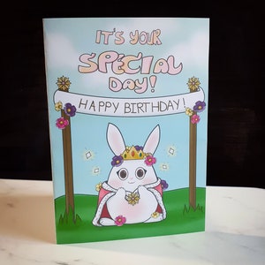 Carte d'anniversaire princesse/reine, lapin en couronne, intérieur vierge, plus d'options, commandez un paquet et économisez ! Dessins originaux pour carte de voeux !