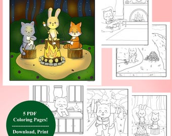 Könnte beinhalten: Ein digitaler Download von 5 PDF-Malvorlagen. Das Hauptbild zeigt eine Lagerfeuerszene mit einer Katze, einem Hasen und einem Fuchs, die Marshmallows rösten. Weitere Seiten zeigen eine Katze in verschiedenen Umgebungen, die zum Ausmalen bereit sind.