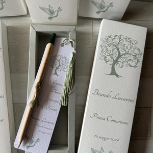 Matita seminabile con segnalibro in confezione elegante realizzata a MANO e personalizzabile per regalo e/o bomboniera Comunione, Cresima...