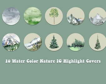 May include: Ten watercolor illustrations of nature scenes, including mountains, trees, and clouds, designed for Instagram highlight covers.