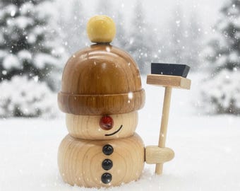 Smirking Wooden Snowman with Broom – Handturned Exotic Woods with Gift Box Presentation