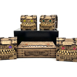 Hand Painted D&D Mimic Treasure Chest – Laser Cut Wooden Hinges Fantasy Dice Box
