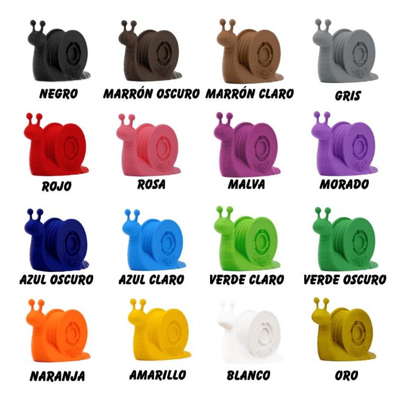 Op de afbeelding: Een verzameling slakvormige beeldjes in verschillende kleuren: zwart, bruin, grijs, rood, roze, paars, blauw, groen, oranje, geel, wit en goud. Elk beeldje heeft een opgerolde schelp en is gelabeld met zijn kleurnaam.