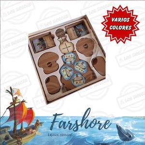 May include: A wooden board game set with various game pieces, including cards and tokens, arranged inside a cardboard box. The game's name, "Farshore," is displayed in blue script. A red starburst graphic reads "VARIOS COLORES".