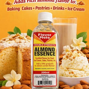 May include: A clear plastic bottle of Flavor Mate Double Strength Almond Essence with a white cap. The label features red, yellow, and white text, including 200ml, and lists ingredients like purified water and alcohol. The bottle is 200ml in volume.