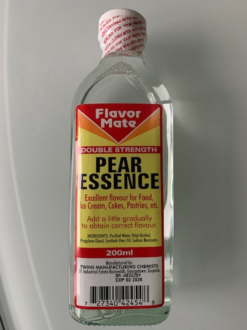 May include: A clear glass bottle of Pear Essence with a red and yellow label. The label reads "Flavor Mate" and "Double Strength Pear Essence." The bottle contains 200ml of liquid and has a white cap.