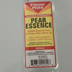 May include: A clear glass bottle of Pear Essence with a white cap. The label is yellow and red, with the text "Flavor Mate" and "Double Strength Pear Essence". The bottle contains 200ml of liquid.