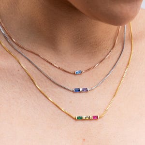 Sterling Silver Baguette Birthstone Necklace, Family Jewelry Gift