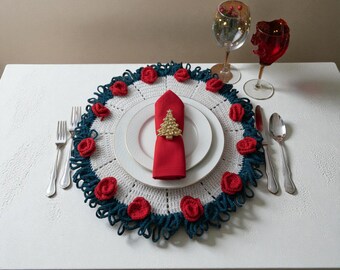 Christmas Crochet Bouquet Placemat  , Festive Holiday Table Decor
