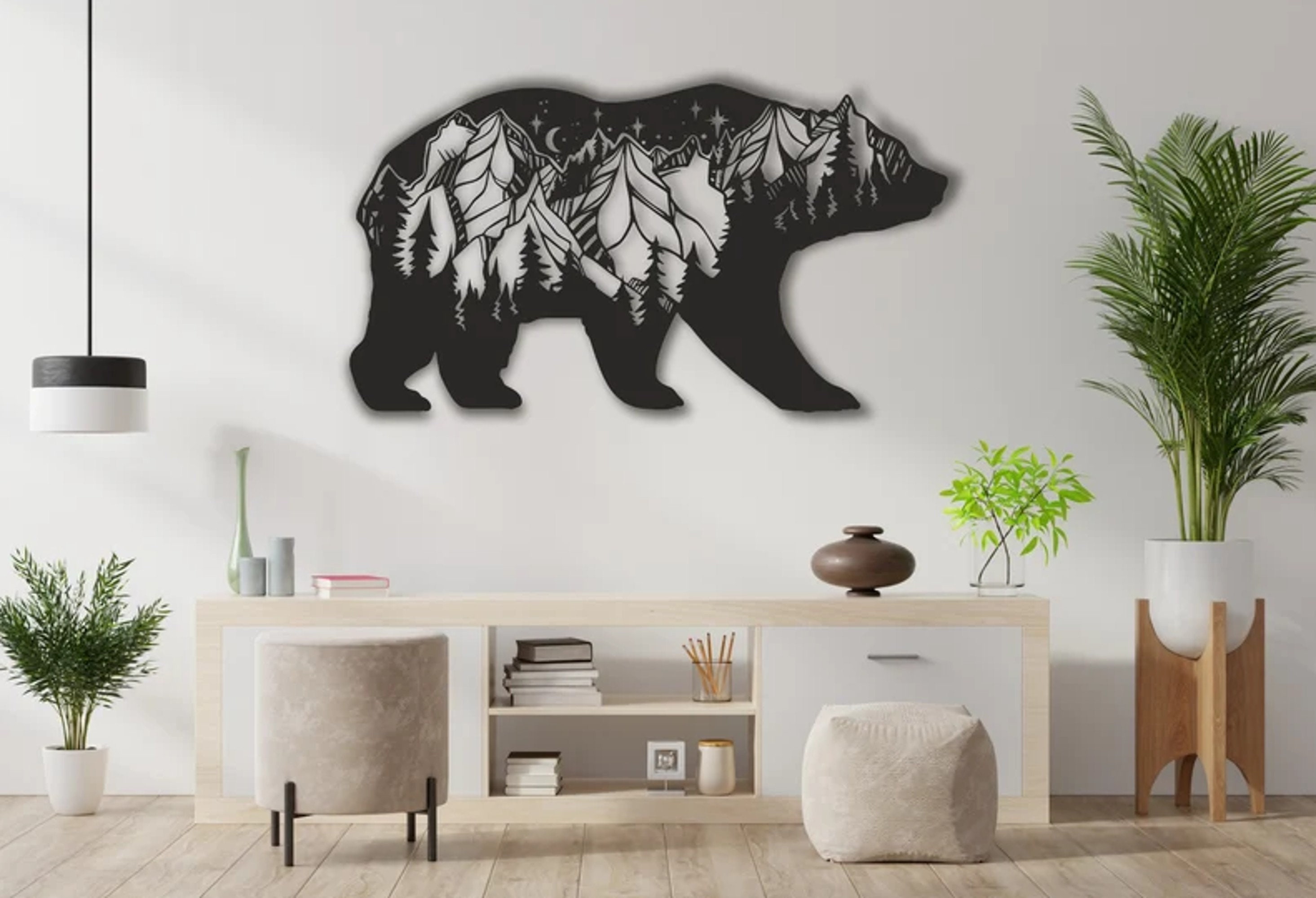 Bear & Forest Amazing Design, Décor Mural Alucobond, Motif Montagne Vue Nocturne, Art Ours, Décors I