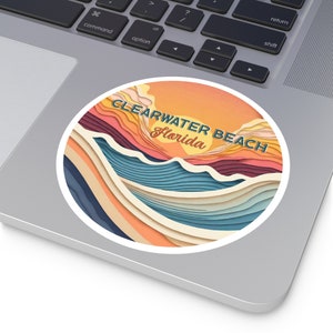 Autocollant Clearwater Beach Florida, rond, rétro, coucher de soleil, vinyle, ordinateur portable, autocollant, imperméable, floride, plage vibes, autocollant, vagues abstraites