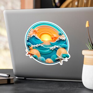 Adhesivo para portátil con conchas y puesta de sol, adhesivo troquelado para botella de agua, adhesivo para coche, adhesivo de vinilo exclusivo, adhesivo único en su tipo