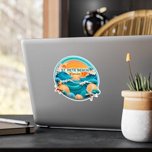 St. Pete Beach Florida Retro Aufkleber, Vinyl Aufkleber für Laptop, Wasserflasche, Auto, Küstenwellen, Muscheln