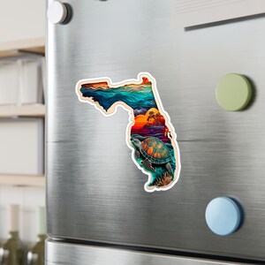 Calcomanía de vinilo troquelada con diseño de tortuga de Florida Sunset, diseño de mapa retro, calcomanía para computadora portátil, calcomanía para automóvil, calcomanía para botella de agua, regalo para viajeros
