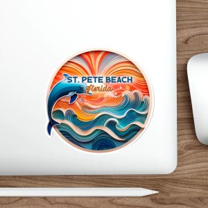 Pegatina de vinilo para portátil con puesta de sol retro redonda de St. Pete Beach, Florida, pegatina resistente al agua con vibraciones de la playa de Florida, pegatina de ondas abstractas