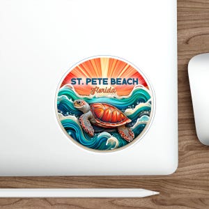 St. Pete Beach Florida gestanzte Aufkleber - Retro Sonnenuntergang Vinyl-Laptop-Aufkleber, wasserdichte abstrakte Wellen, Strand-Vibes-Aufkleber, Florida Souvenir