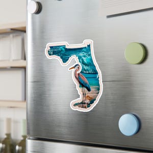 Vinyl sticker kaart Florida - sticker blauwe reiger strand, retro design, laptop, auto, reisdecor, souvenir - Kiss-Cut stickers