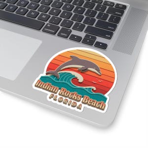 Sticker rétro coupe baiser Indian Rocks Beach Floride vagues, dauphin et coucher de soleil - Sticker Kiss-Cut, sticker plage, sticker rétro, Floride
