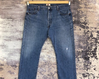 W41 Vintage Levi's 501 Light Wash Ripped Jeans 90s Womens High Rise Pants Distressed Levis Faded Stonewash Denim Boyfriend Jeans Size 41x29