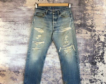 W32 Vintage Levi's 501 Distressed Light Wash Jeans 70er Levis Damen High Waist Hose Zerrissene Levis Sun Faded Denim Levis Mom Jeans Größe 32x28