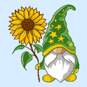Wzór na szydełkowy kocyk Gnome Sunflower na gobelin afgański cyfrowy PDF napisany blok kolorów i wzór graficzny SVG PNG zdjęcie,