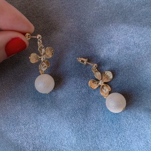 AIKO Dangling earrings with golden flower and rhinestone Japanese cotton pearl pendant Wedding Jewelry Bridal jewelry image 7