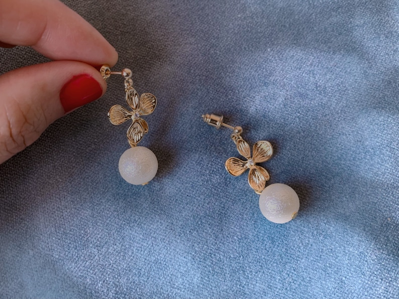 AIKO Dangling earrings with golden flower and rhinestone Japanese cotton pearl pendant Wedding Jewelry Bridal jewelry image 7