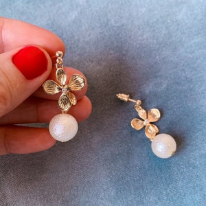 AIKO Dangling earrings with golden flower and rhinestone Japanese cotton pearl pendant Wedding Jewelry Bridal jewelry image 5