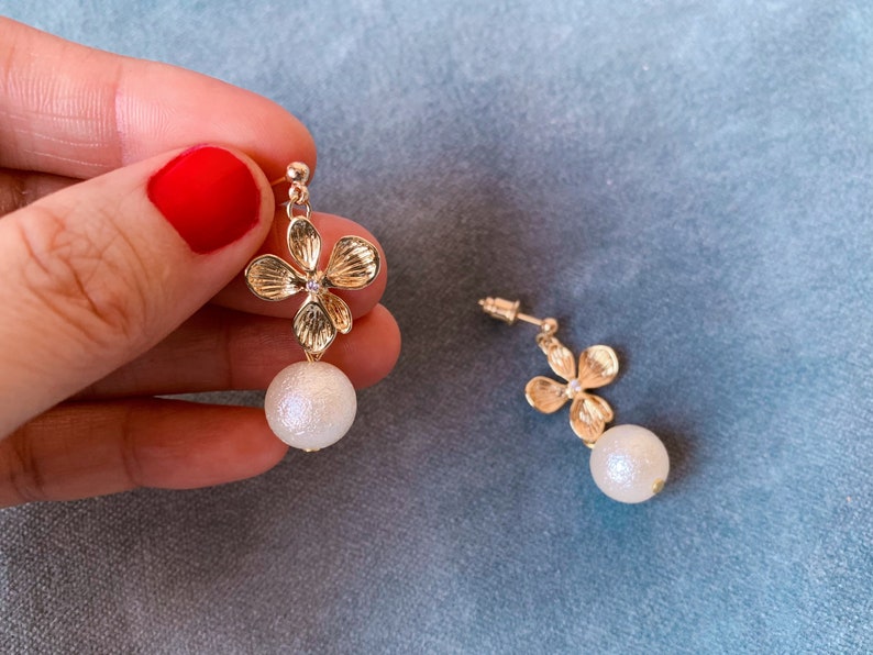 AIKO Dangling earrings with golden flower and rhinestone Japanese cotton pearl pendant Wedding Jewelry Bridal jewelry image 5