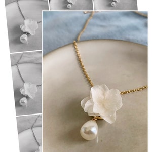 LEILA Collier hortensias stabilisés et perle blanc Bijoux Mariage Bijoux mariée image 7