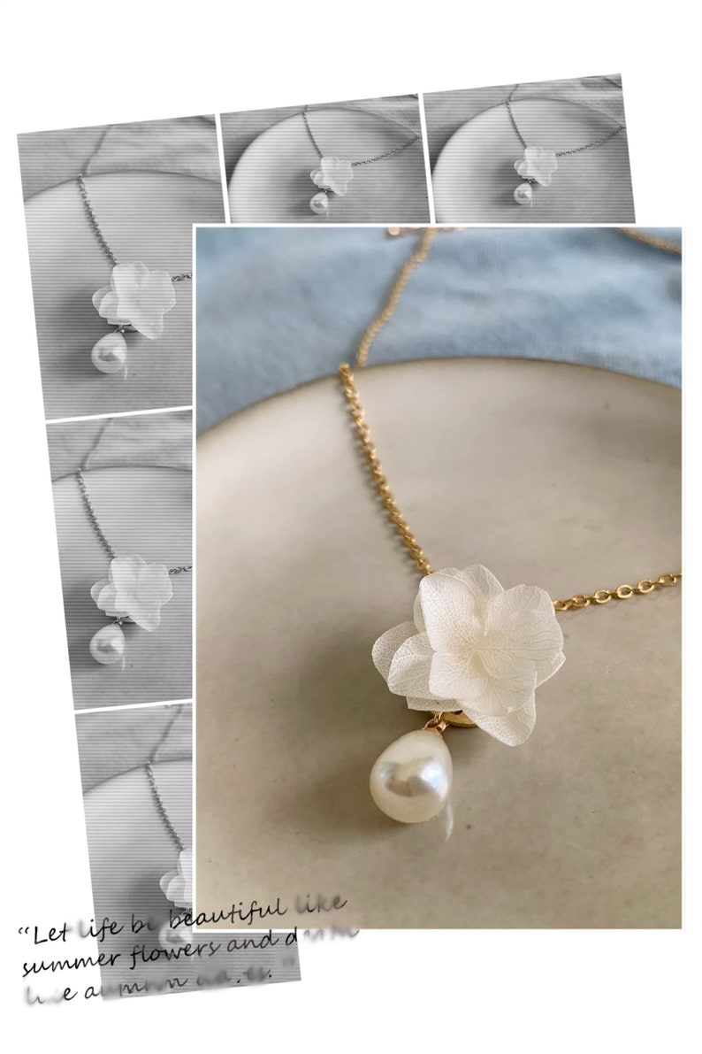 LEILA Collier hortensias stabilisés et perle blanc Bijoux Mariage Bijoux mariée image 7