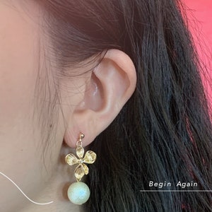 AIKO Dangling earrings with golden flower and rhinestone Japanese cotton pearl pendant Wedding Jewelry Bridal jewelry image 9