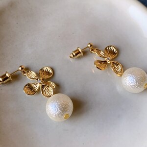 AIKO Dangling earrings with golden flower and rhinestone Japanese cotton pearl pendant Wedding Jewelry Bridal jewelry image 3