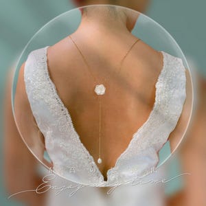 MAYA - Wedding back necklace with stabilized hydrangea flowers and creamy white pearl Wedding Jewelry Set Bridal Jewelry