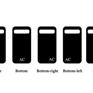May include: Five black rectangular signs with rounded corners, each with the word "AC" in white text. The signs are labelled "Centre", "Bottom", "Bottom-right", "Bottom-left", and "Side" to indicate the placement of the text on the sign.