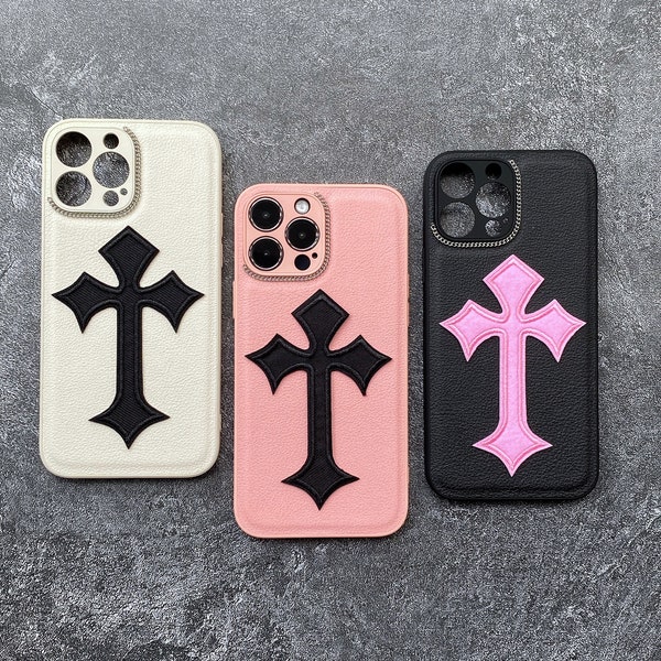 Pink Black Fabric Cross iPhone Case For iPhone 15 14 13 12 11 Pro Max X XS XR Plus