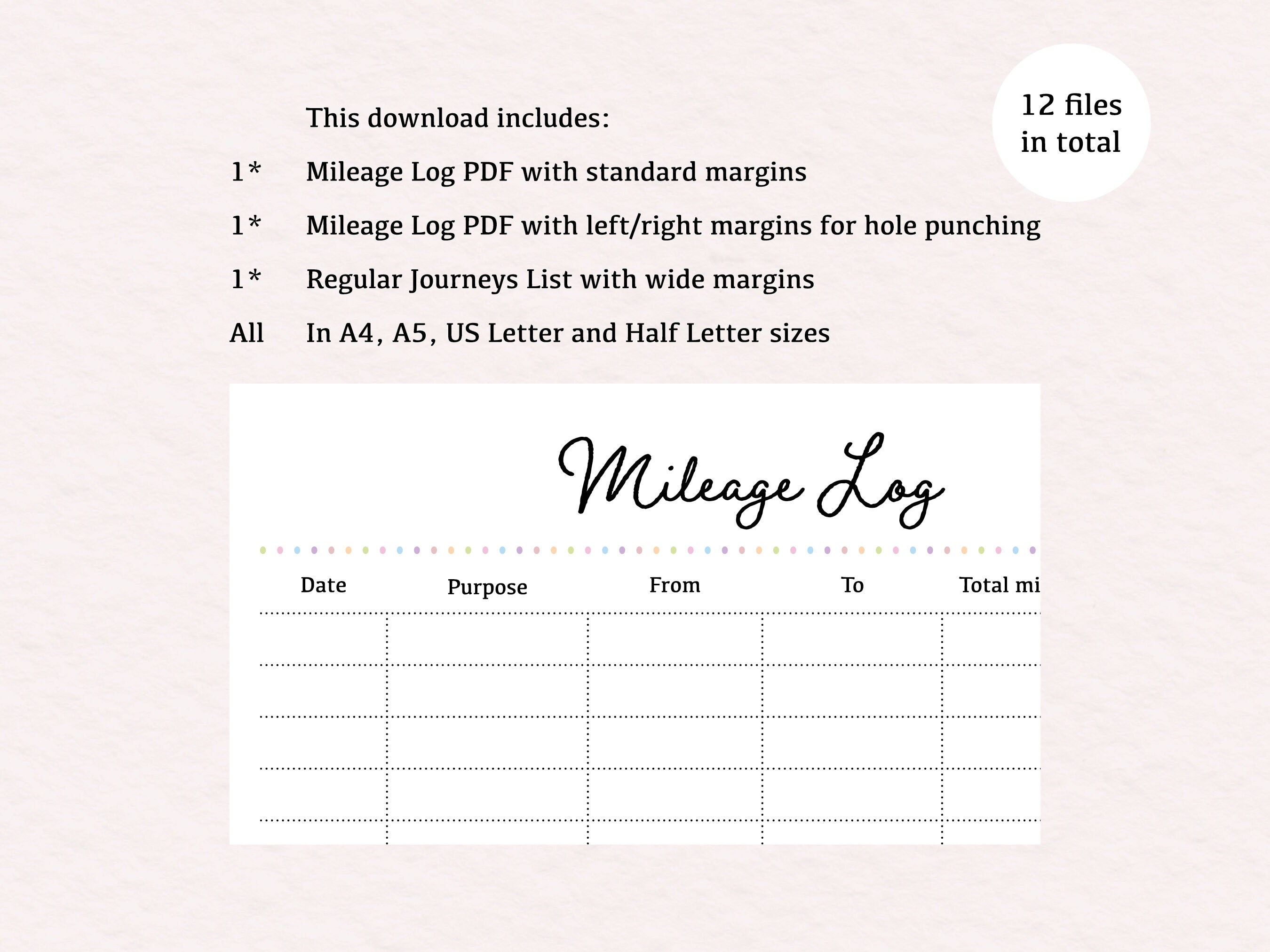 Mileage Log | Digital Download PDF Printable | A4, A4, Letter and Half ...