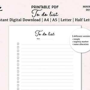 To do list templates | digital download PDF printable | A4, A5, Letter & Half Letter sizes | minimal to do list printable | task list
