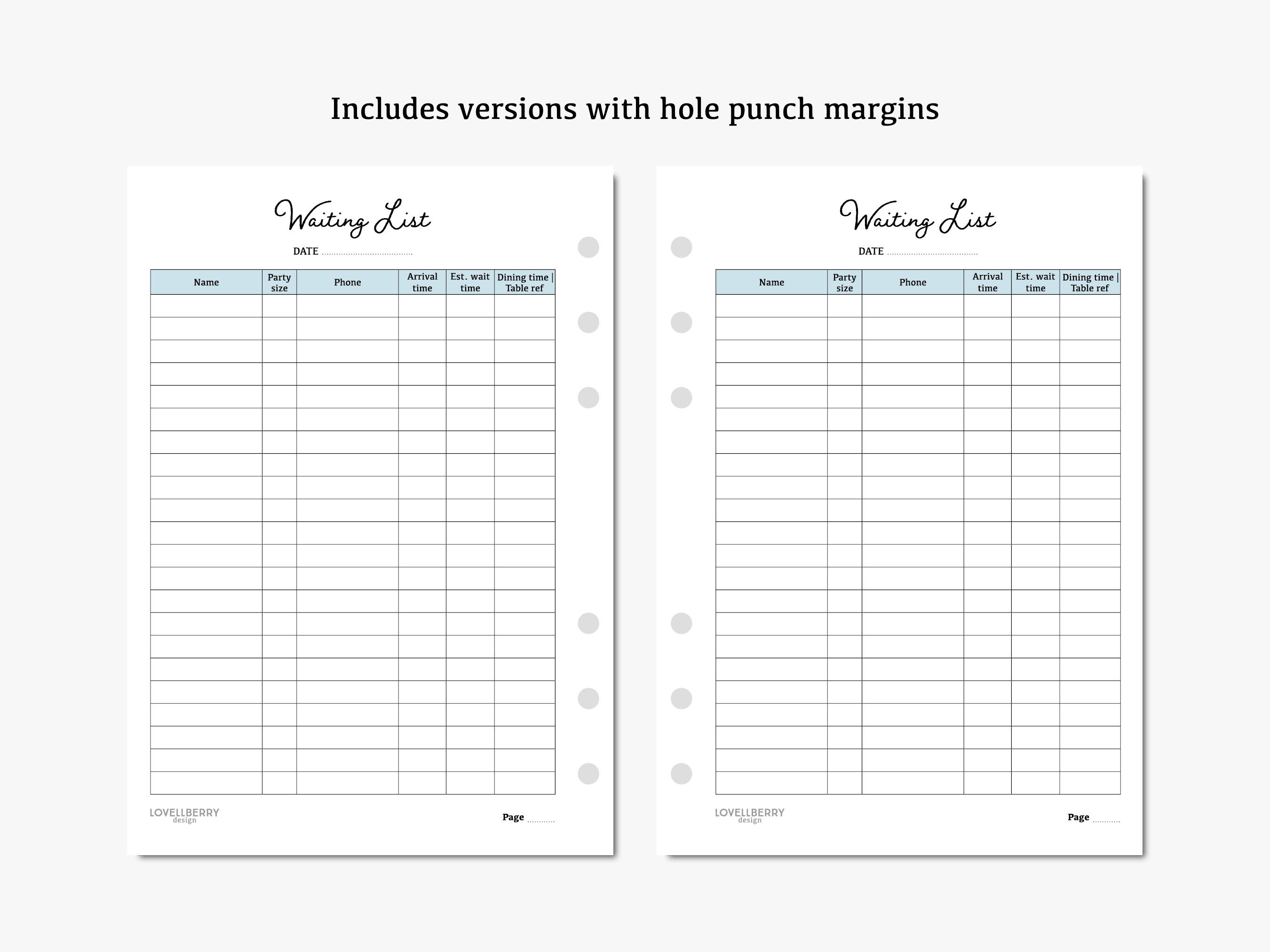 Waiting List Digital Download PDF Printable A4, A5, Letter Table Wait