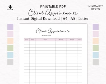 Client appointments | digital download PDF printable | A4, A5, Letter | client tracker | appointments tracker | customer appointments log