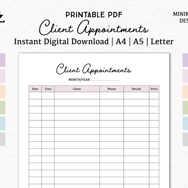 Client appointments | digital download PDF printable | A4, A5, Letter | client tracker | appointments tracker | customer appointments log