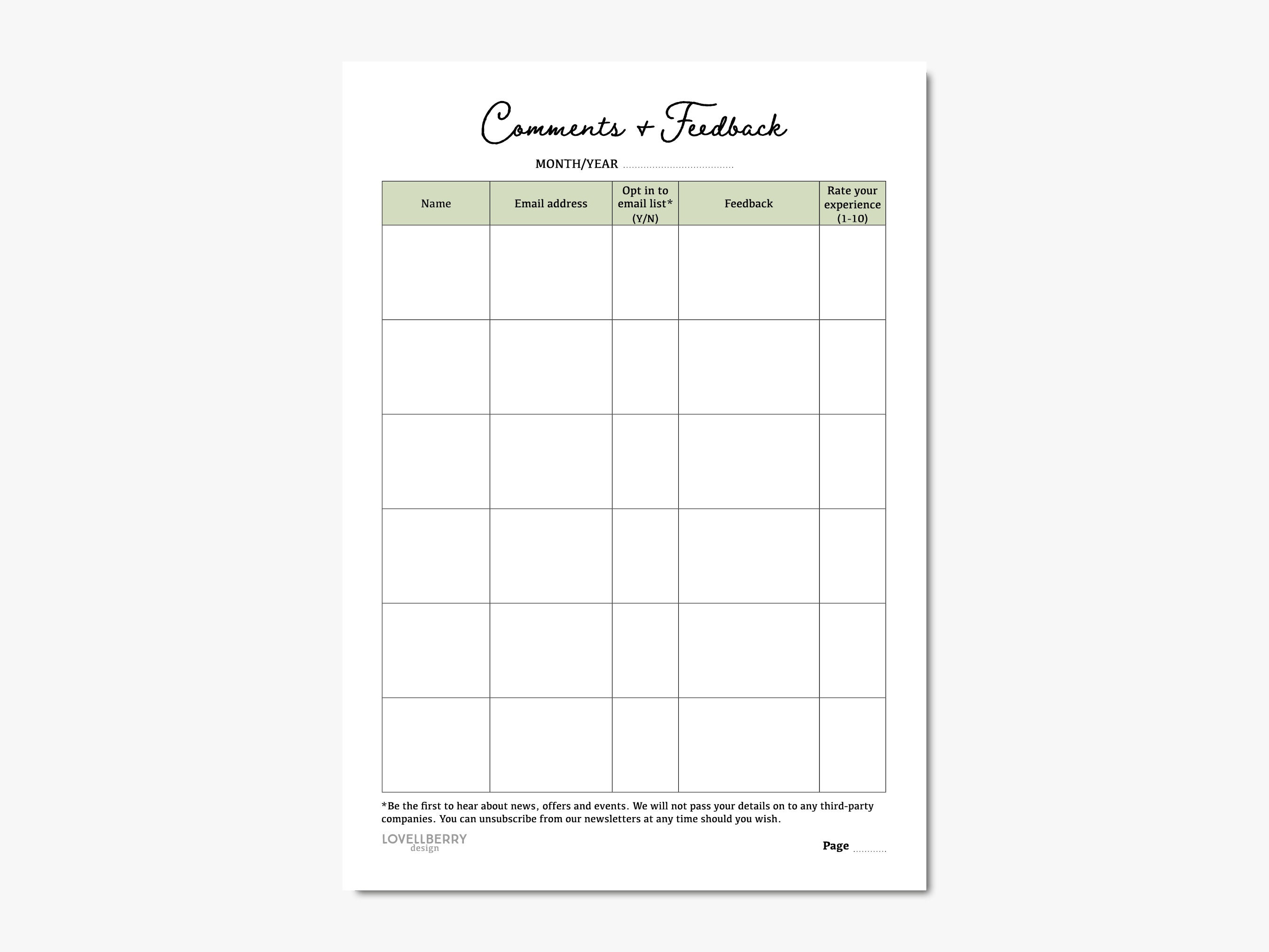 Comments & Feedback Form | Digital Download PDF Printable | A4, A5 ...