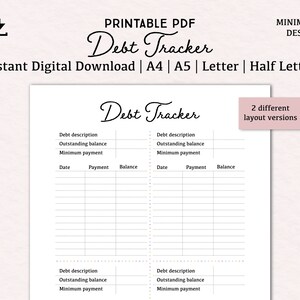Plantilla de seguimiento de deudas / descarga digital PDF imprimible / tamaños A4, A5, Carta y Media Carta / pagos de deuda imprimibles