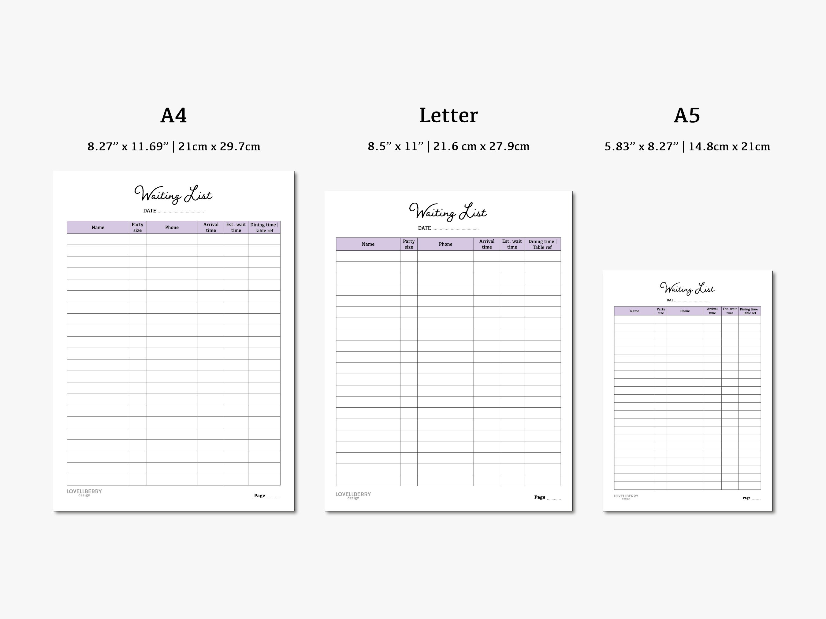 Waiting List | Digital Download PDF Printable | A4, A5, Letter | Table ...