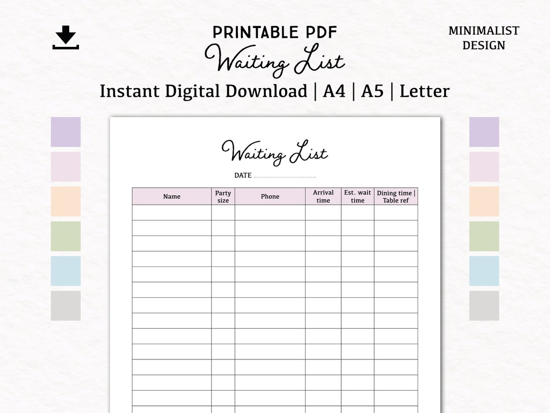 Waiting List Digital Download PDF Printable A4 A5 Letter Table Wait 